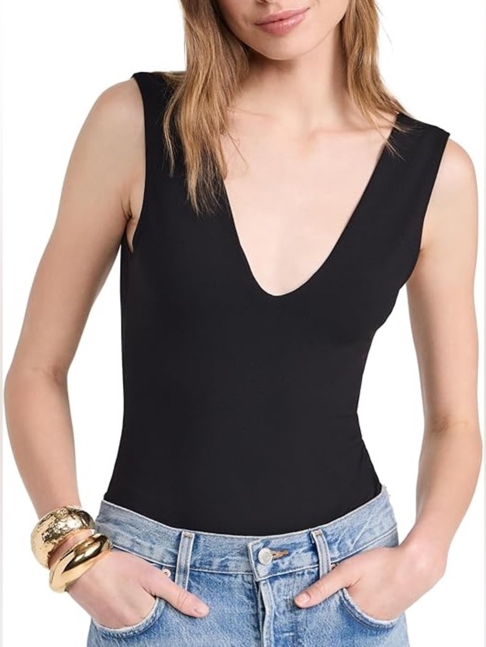 NWOT - Free People Black Deep V-Neck Sleeveless Bodysuit - Women's Top